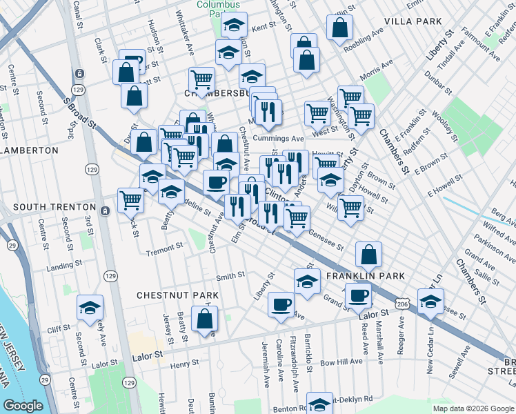 map of restaurants, bars, coffee shops, grocery stores, and more near 526 Genesee Street in Trenton