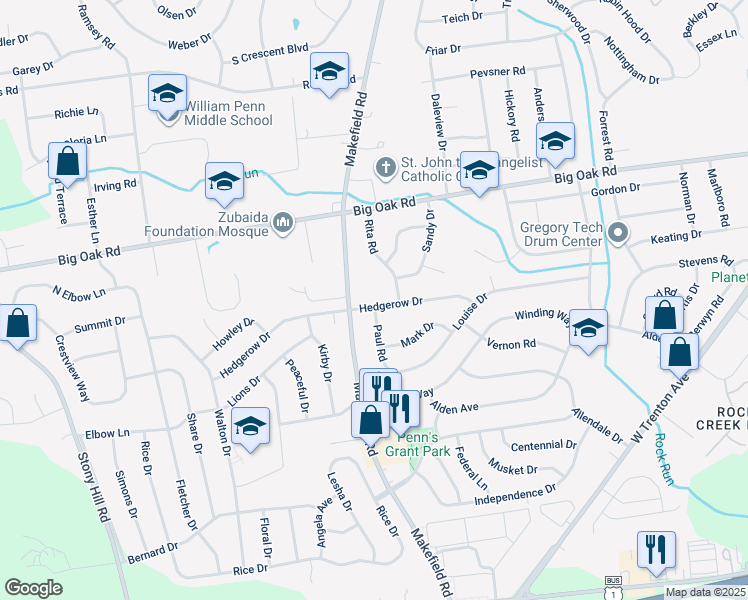 map of restaurants, bars, coffee shops, grocery stores, and more near 106 Hedgerow Drive in Morrisville