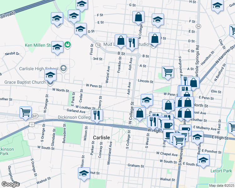 map of restaurants, bars, coffee shops, grocery stores, and more near 350 West Penn Street in Carlisle