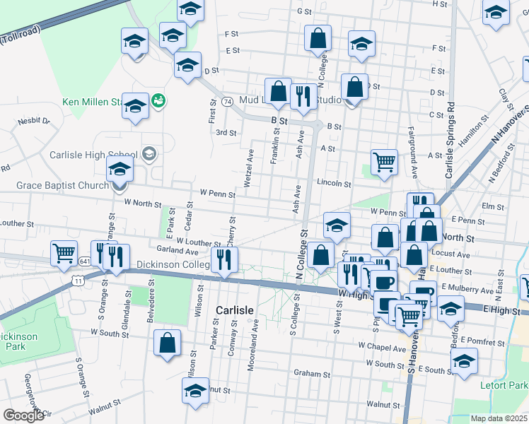 map of restaurants, bars, coffee shops, grocery stores, and more near 414 West Penn Street in Carlisle