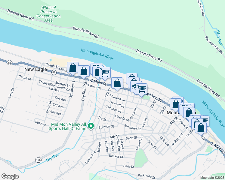map of restaurants, bars, coffee shops, grocery stores, and more near 1200 West Main Street in Monongahela