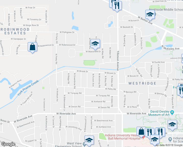 map of restaurants, bars, coffee shops, grocery stores, and more near 1307 North Forest Avenue in Muncie