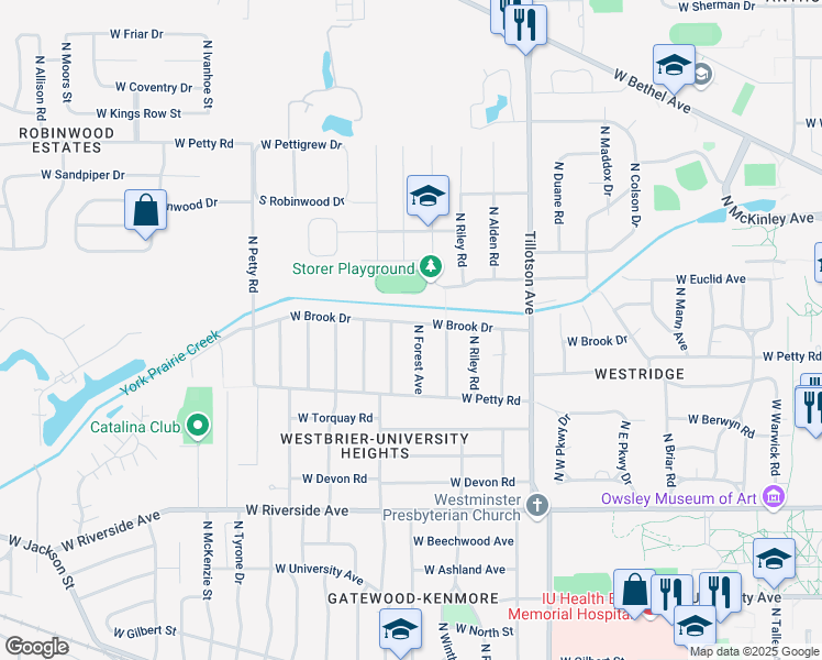 map of restaurants, bars, coffee shops, grocery stores, and more near 3312 West Brook Drive in Muncie