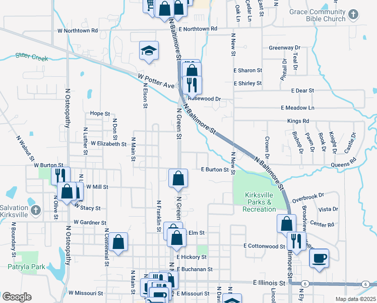 map of restaurants, bars, coffee shops, grocery stores, and more near 203 East Porter Street in Kirksville