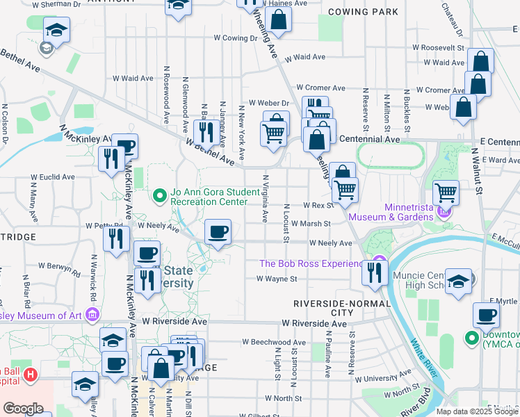 map of restaurants, bars, coffee shops, grocery stores, and more near 1205 West Rex Street in Muncie