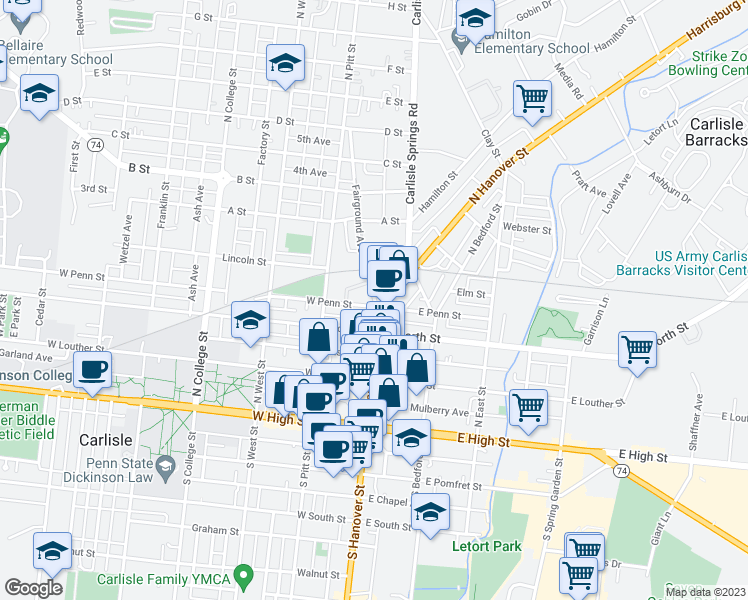 map of restaurants, bars, coffee shops, grocery stores, and more near 302 North Hanover Street in Carlisle