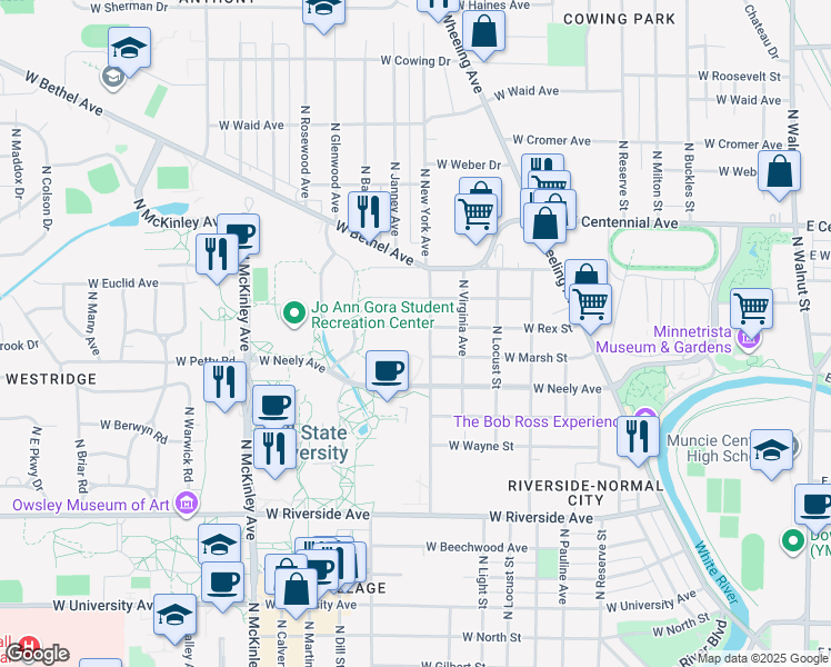 map of restaurants, bars, coffee shops, grocery stores, and more near 1307 West Rex Street in Muncie