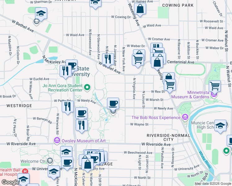 map of restaurants, bars, coffee shops, grocery stores, and more near 1401 West Rex Street in Muncie