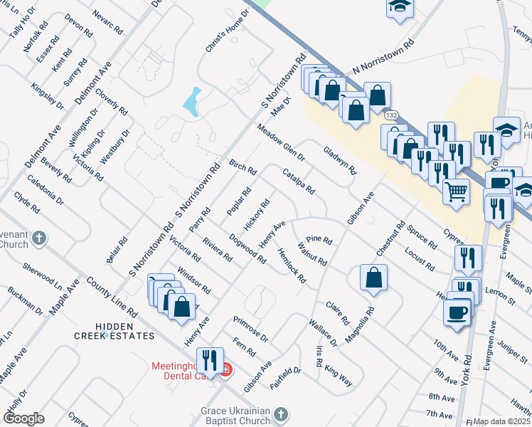 map of restaurants, bars, coffee shops, grocery stores, and more near 299 Hickory Road in Warminster