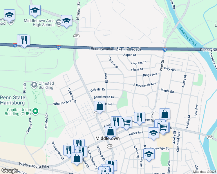 map of restaurants, bars, coffee shops, grocery stores, and more near 105 Oak Hill Drive in Middletown