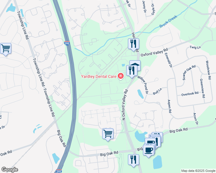 map of restaurants, bars, coffee shops, grocery stores, and more near 1654 Dobry Road in Yardley