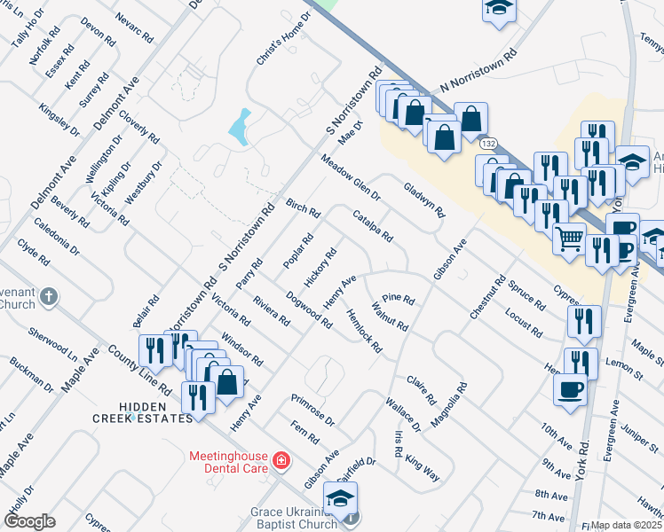 map of restaurants, bars, coffee shops, grocery stores, and more near 299 Hickory Road in Warminster