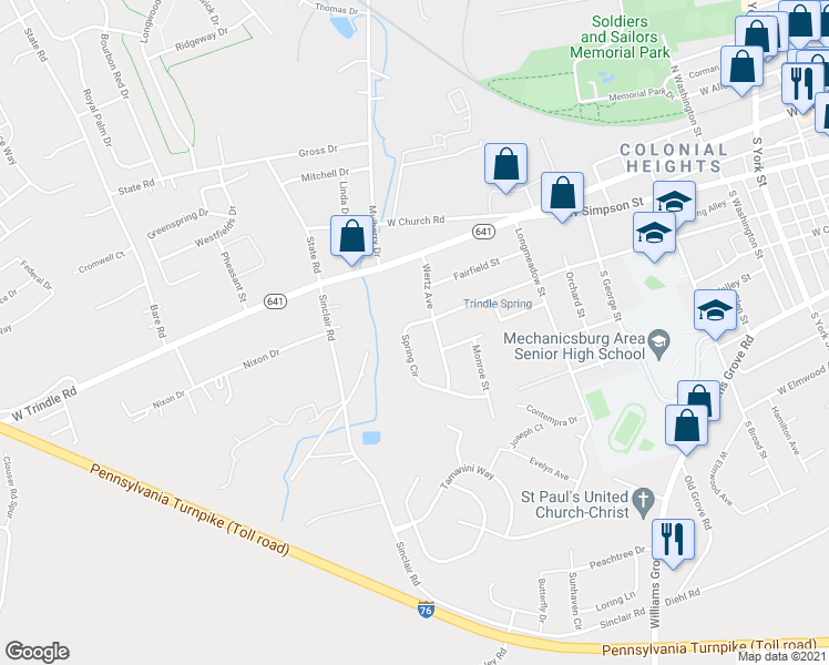 map of restaurants, bars, coffee shops, grocery stores, and more near 914 Spring Circle in Mechanicsburg