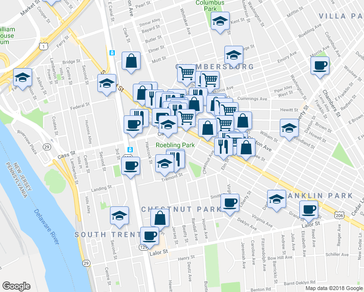 map of restaurants, bars, coffee shops, grocery stores, and more near 416 Beatty Street in Trenton