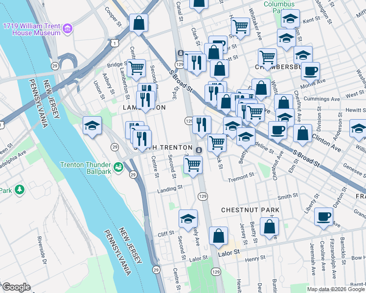 map of restaurants, bars, coffee shops, grocery stores, and more near 201 3rd Street in Trenton