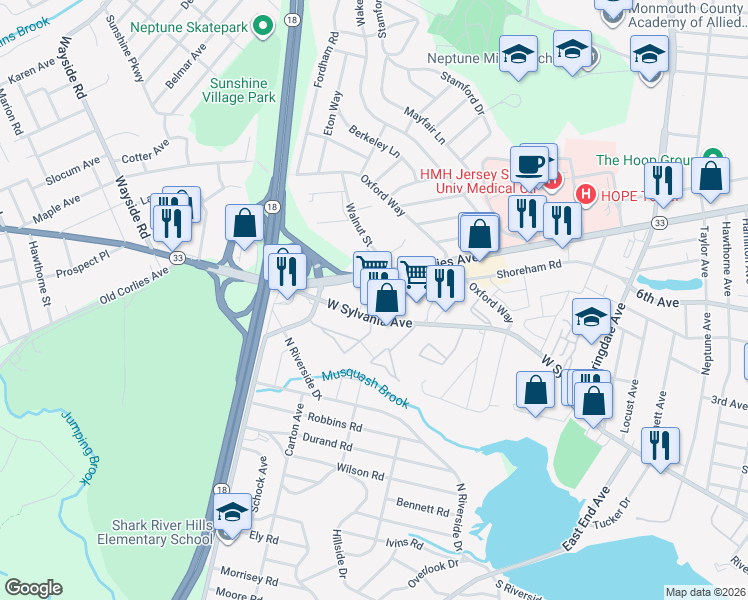 map of restaurants, bars, coffee shops, grocery stores, and more near 2240 Highway 33 in Neptune Township