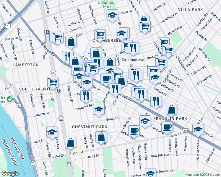 map of restaurants, bars, coffee shops, grocery stores, and more near South Broad Street & Chestnut Avenue in Trenton