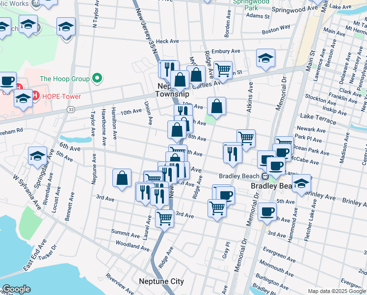 map of restaurants, bars, coffee shops, grocery stores, and more near 505 New Jersey 35 in Neptune City