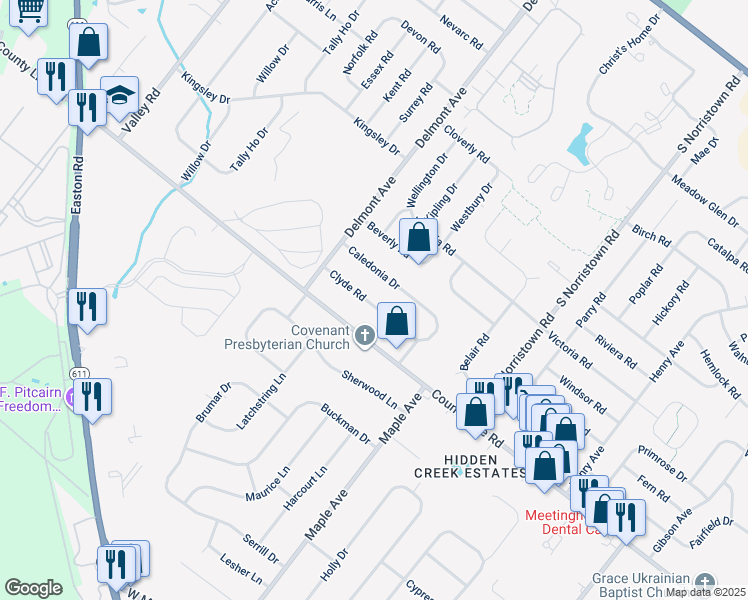 map of restaurants, bars, coffee shops, grocery stores, and more near 1309 Clyde Road in Warminster