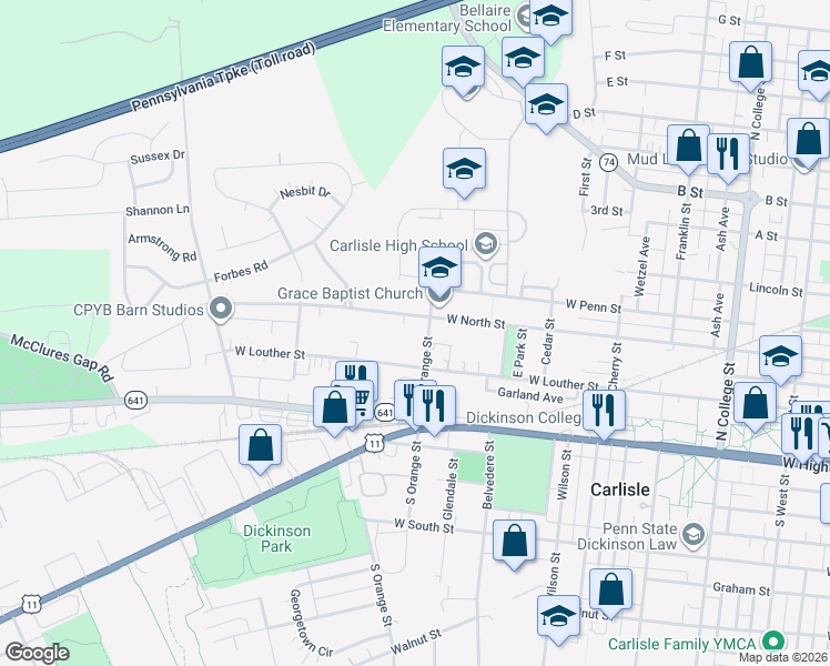 map of restaurants, bars, coffee shops, grocery stores, and more near 160 North Orange Street in Carlisle
