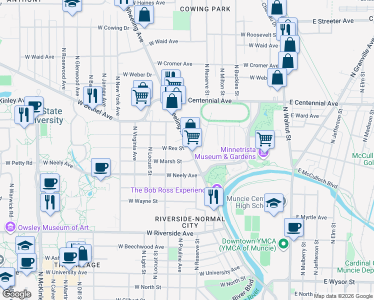 map of restaurants, bars, coffee shops, grocery stores, and more near 1400 Wheeling Avenue in Muncie