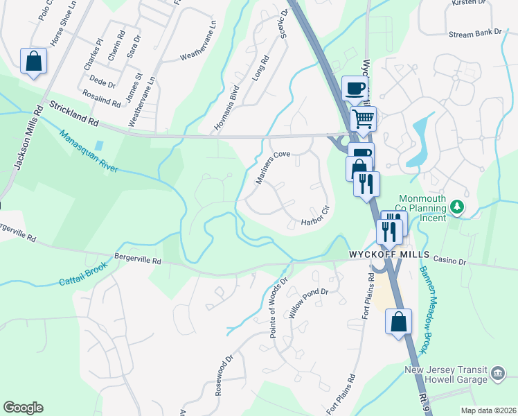 map of restaurants, bars, coffee shops, grocery stores, and more near 16 Atlantis Terrace in Freehold