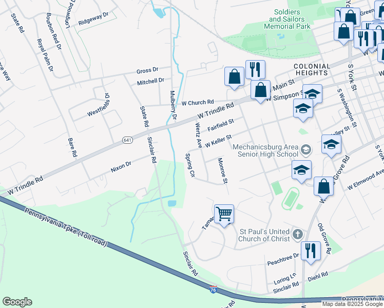 map of restaurants, bars, coffee shops, grocery stores, and more near 914 Spring Circle in Mechanicsburg