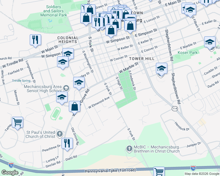 map of restaurants, bars, coffee shops, grocery stores, and more near 210 West Maplewood Avenue in Mechanicsburg