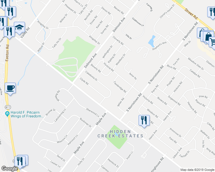 map of restaurants, bars, coffee shops, grocery stores, and more near 1229 Caledonia Drive in Warminster