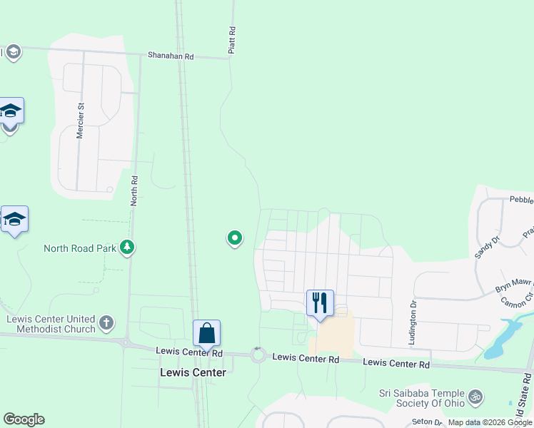 map of restaurants, bars, coffee shops, grocery stores, and more near Linden Street in Lewis Center