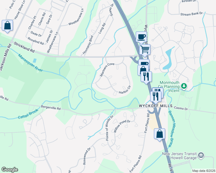 map of restaurants, bars, coffee shops, grocery stores, and more near 38 Atlantis Terrace in Freehold