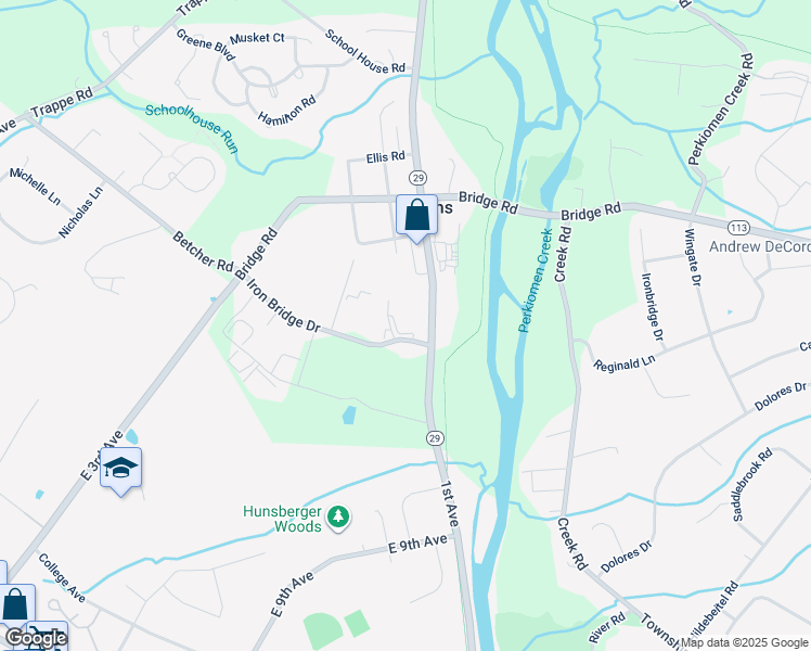 map of restaurants, bars, coffee shops, grocery stores, and more near 16 Iron Bridge Drive in Collegeville