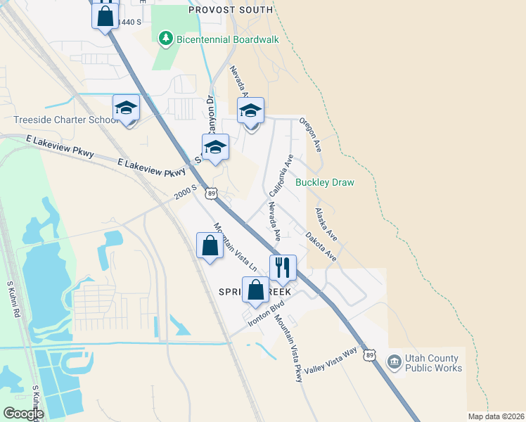 map of restaurants, bars, coffee shops, grocery stores, and more near 2058 California Avenue in Provo
