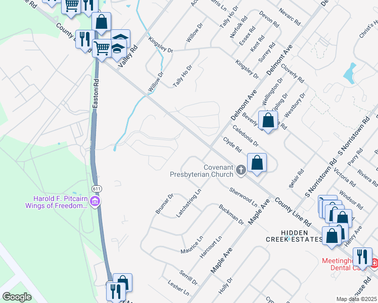 map of restaurants, bars, coffee shops, grocery stores, and more near 606 Winding Rd in Hatboro