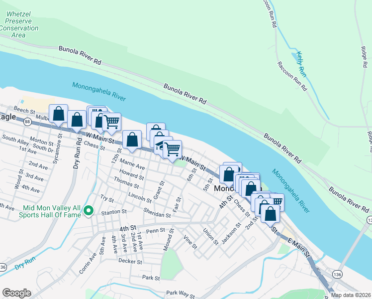 map of restaurants, bars, coffee shops, grocery stores, and more near 101 7th Street in Monongahela