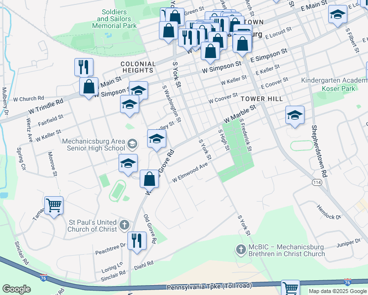 map of restaurants, bars, coffee shops, grocery stores, and more near 406 West Marble Street in Mechanicsburg