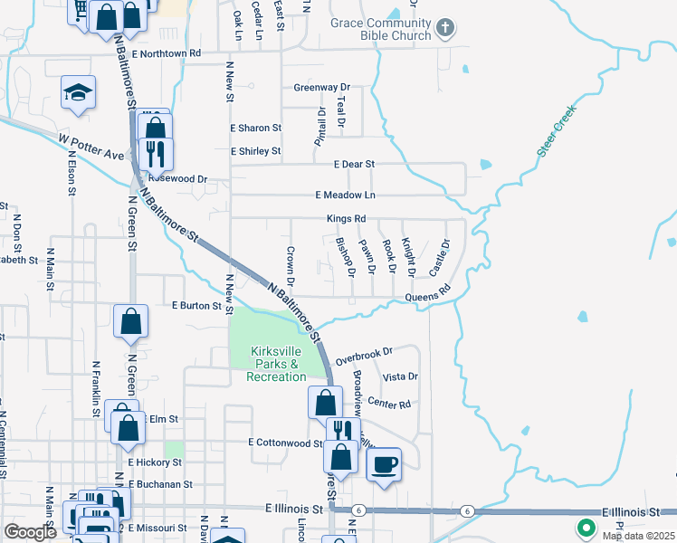 map of restaurants, bars, coffee shops, grocery stores, and more near 1402 Bishop Drive in Kirksville