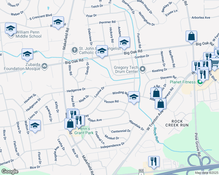 map of restaurants, bars, coffee shops, grocery stores, and more near 215 Louise Drive in Morrisville