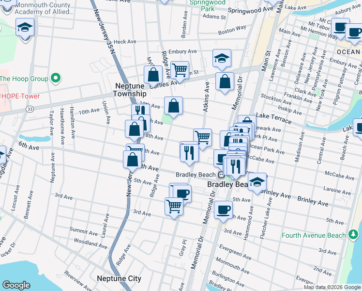 map of restaurants, bars, coffee shops, grocery stores, and more near 1211 8th Avenue in Neptune City