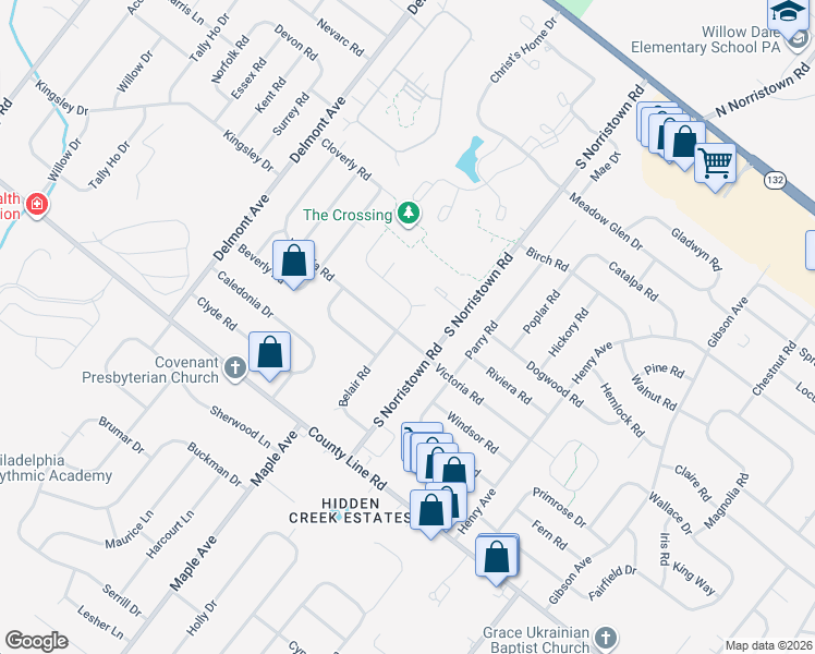 map of restaurants, bars, coffee shops, grocery stores, and more near 175 Belair Road in Warminster