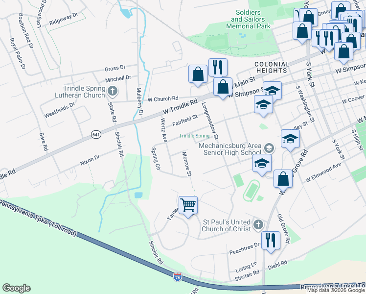 map of restaurants, bars, coffee shops, grocery stores, and more near 821 West Keller Street in Mechanicsburg