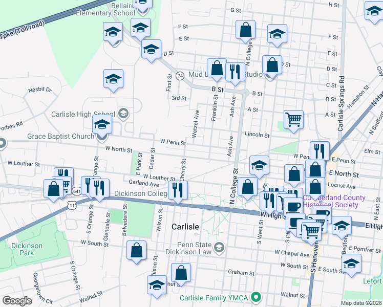 map of restaurants, bars, coffee shops, grocery stores, and more near 220 Cherry Street in Carlisle