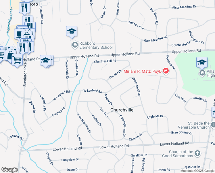 map of restaurants, bars, coffee shops, grocery stores, and more near 88 Gleniffer Hill Road in Richboro