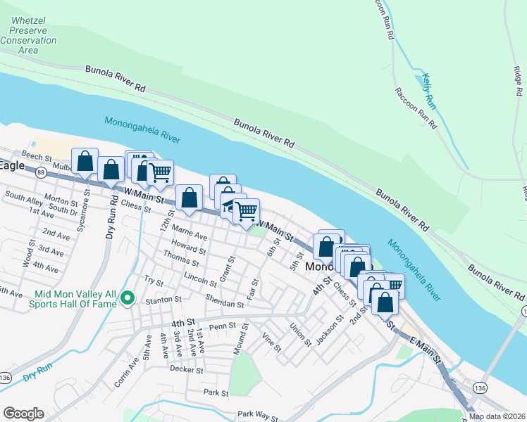 map of restaurants, bars, coffee shops, grocery stores, and more near 101 7th Street in Monongahela