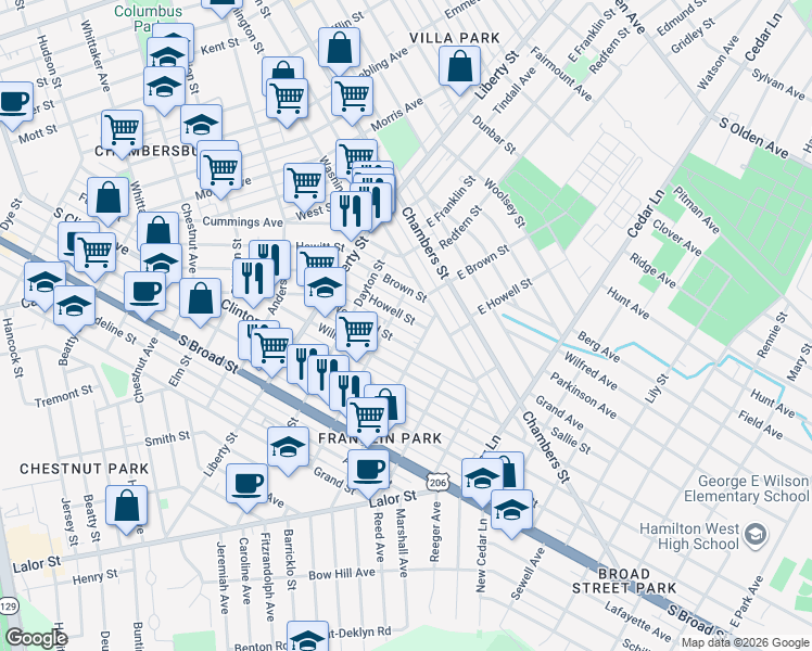 map of restaurants, bars, coffee shops, grocery stores, and more near 205 Howell Street in Trenton