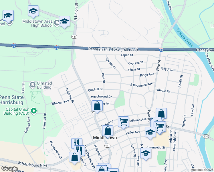 map of restaurants, bars, coffee shops, grocery stores, and more near 105 Oak Hill Drive in Middletown