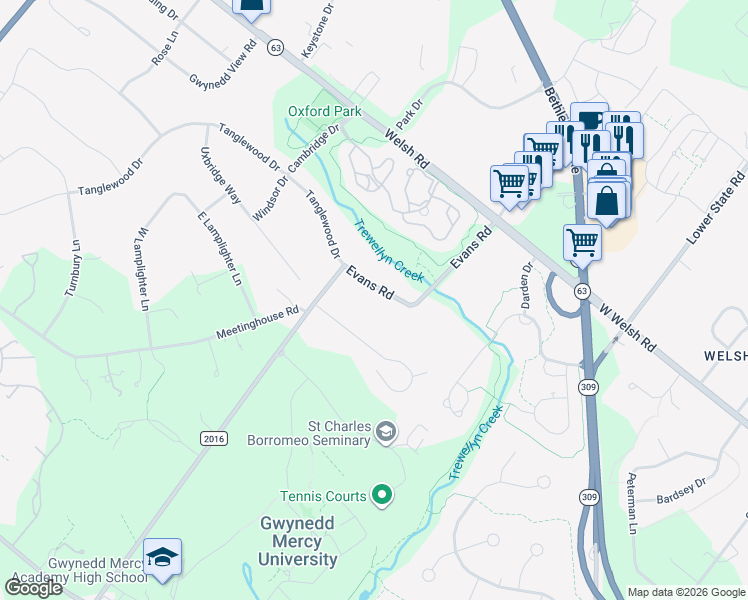 map of restaurants, bars, coffee shops, grocery stores, and more near 1438 Evans Road in Gwynedd Valley