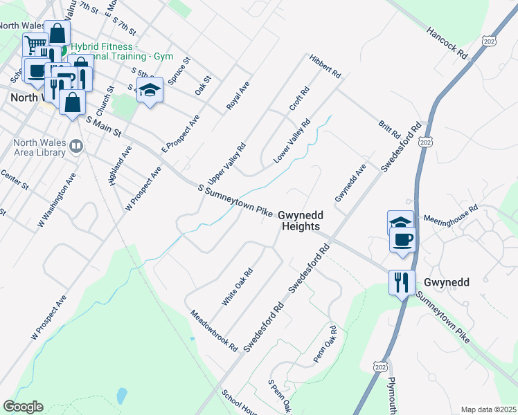 map of restaurants, bars, coffee shops, grocery stores, and more near 645 South Sumneytown Pike in North Wales
