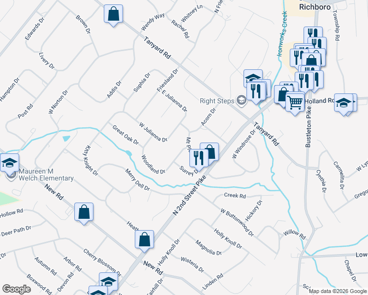 map of restaurants, bars, coffee shops, grocery stores, and more near 6 Woodland Drive in Southampton