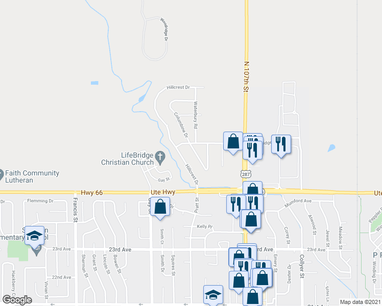 map of restaurants, bars, coffee shops, grocery stores, and more near 12765 Columbine Drive in Longmont